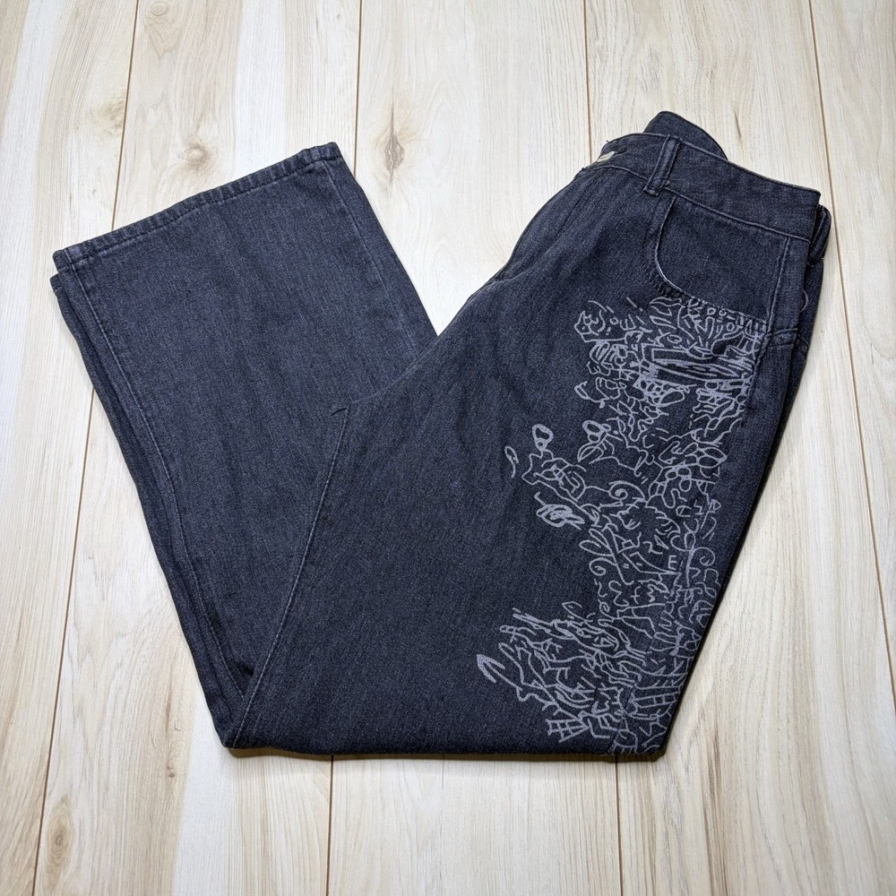Wear Jeans Mens Black Graphic Print Wide Leg Baggy Denim Jeans 30x28 Y2K Goth
